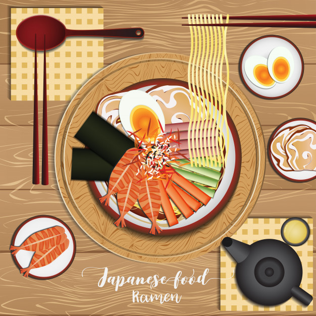 日本料理面条拉面手绘插画顶视图