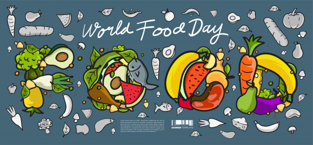 世界粮食日横幅。各种食物，水果和蔬菜