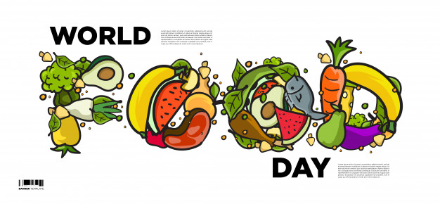 世界粮食日横幅。各种食物，水果和蔬菜