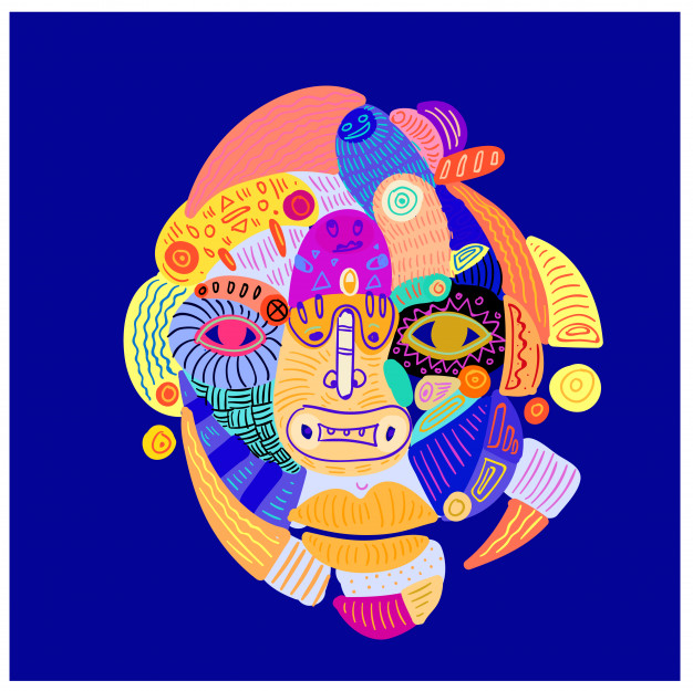 抽象五颜六色的民族头像和面孔装饰品。