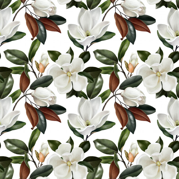 无缝平铺花纹与植物现实木兰花矢量图