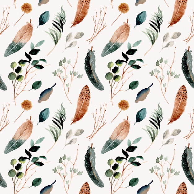 羽毛和树叶水彩无缝平铺图案