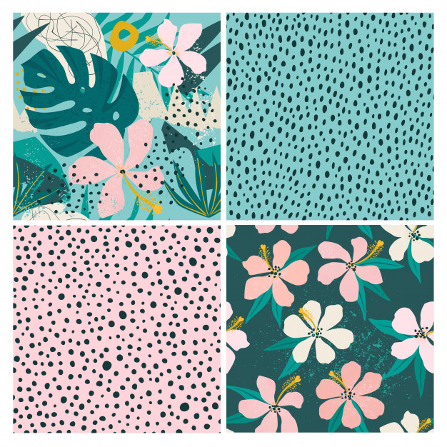 拼贴当代花卉花朵和圆点形状无缝平铺花纹集，