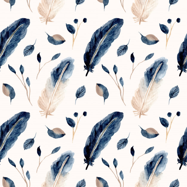 蓝色的羽毛和叶子水彩无缝平铺图案