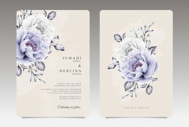 紫色和白色的牡丹水彩画复古婚礼卡片模板