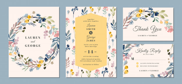 婚礼邀请函，美丽的花卉背景水彩