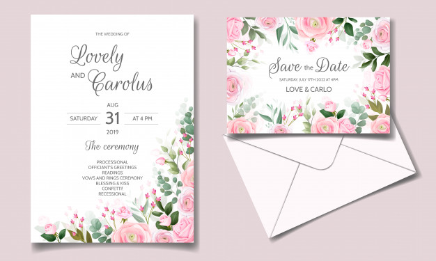 小清新婚礼邀请函模板与美丽的粉红色玫瑰和绿色的树叶