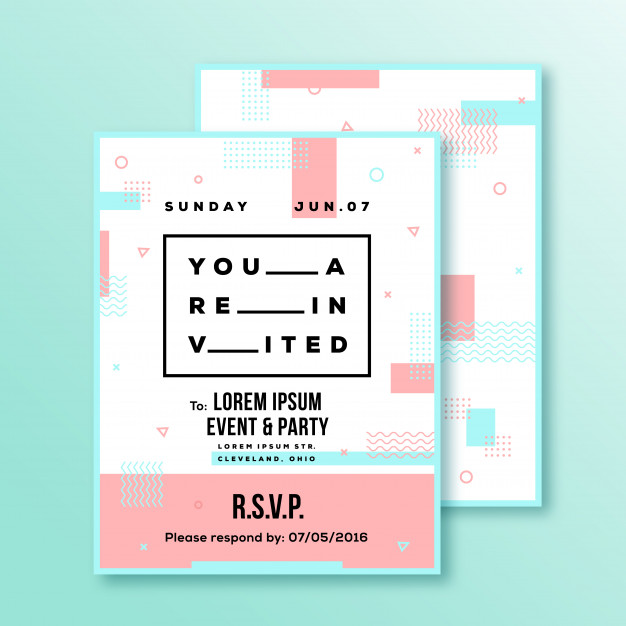 活动,聚会,婚礼邀请函海报模板,现代抽象风格背景与装饰条纹,曲折线条排版,红色,蓝色,