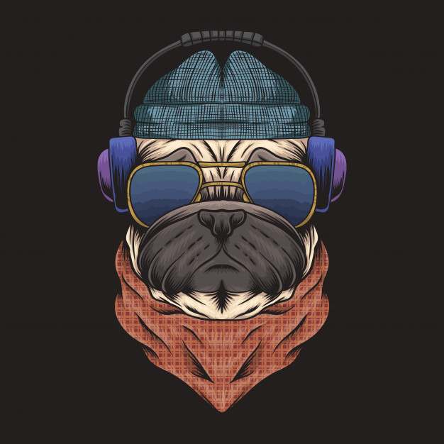 戴耳机和帽子魔镜的斗牛犬