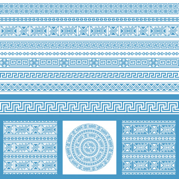 希腊花纹元素合集，蓝色和白色的无缝模式花纹，