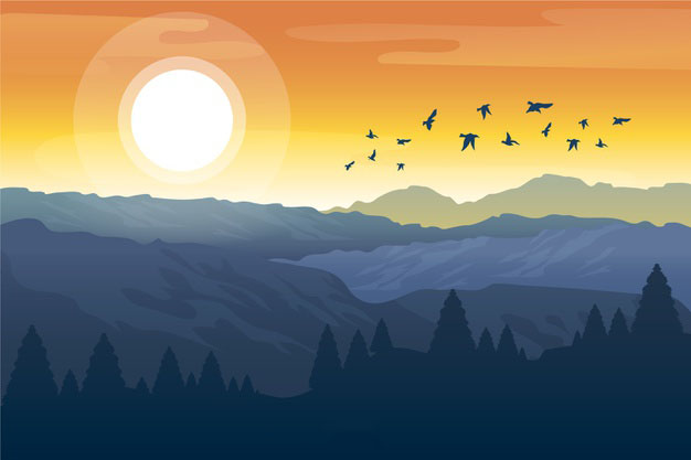 落日的山谷与飞鸟插画矢量图素材