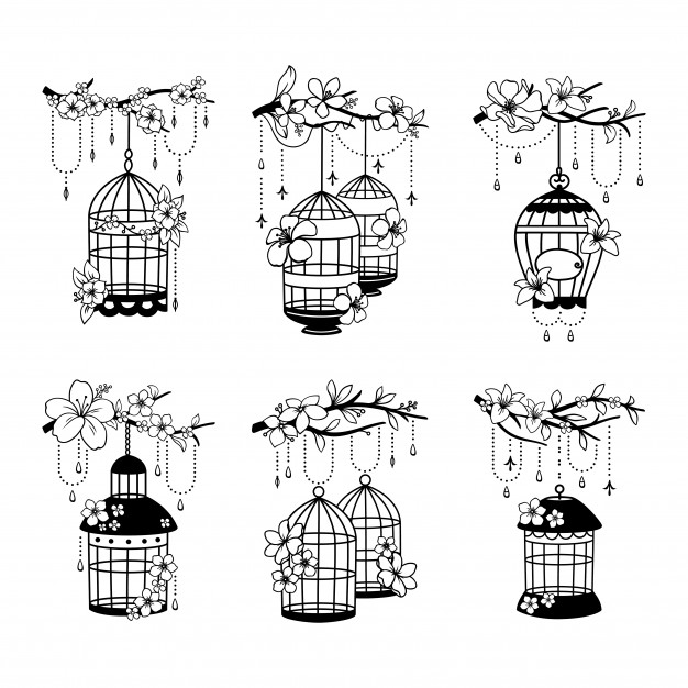 手绘小清新黑白线稿鸟笼装饰一套