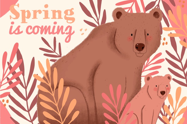 母亲和孩子，熊，春天来了