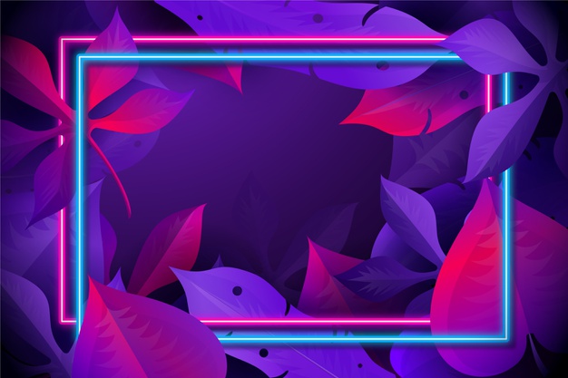 写实的叶子与霓虹灯边框背景