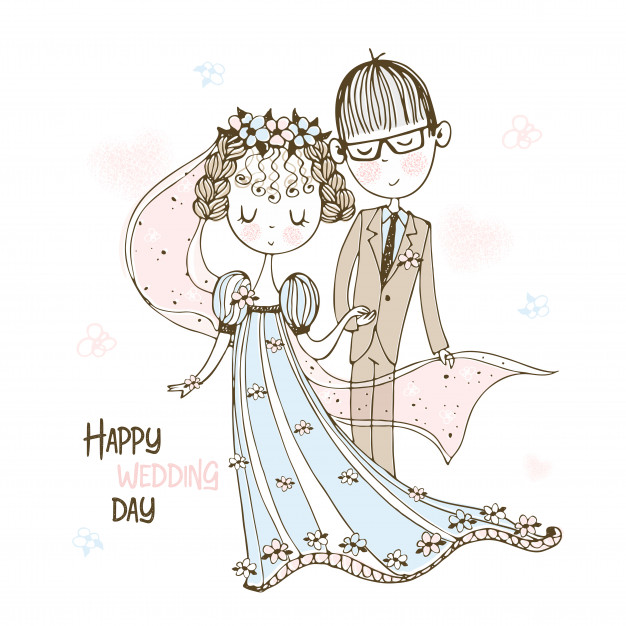 新娘和新郎在婚礼上，手绘小清新T恤印花插画