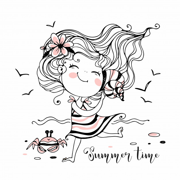 海滩的小女孩听贝壳，手绘小清新T恤印花插画