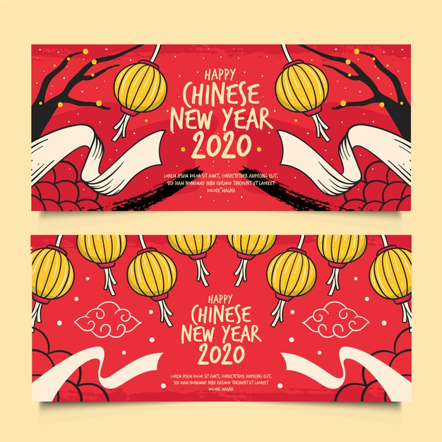 手绘中国风新年春节横幅背景模板