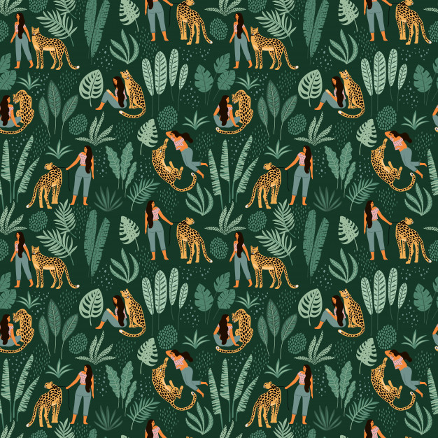 手绘老虎豹子热带植物树叶无缝平铺花纹图案底纹