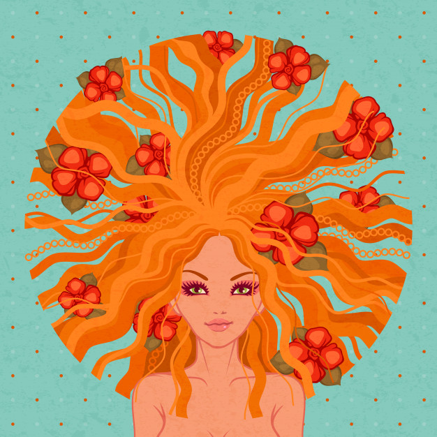 花朵装饰的长发女孩小清新手绘妇女节插画