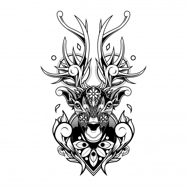 黑白线稿图腾风格鹿,鹿角插画