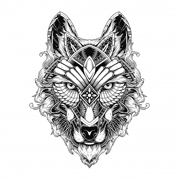 黑白线稿蒸汽朋克机械风格狼头插画