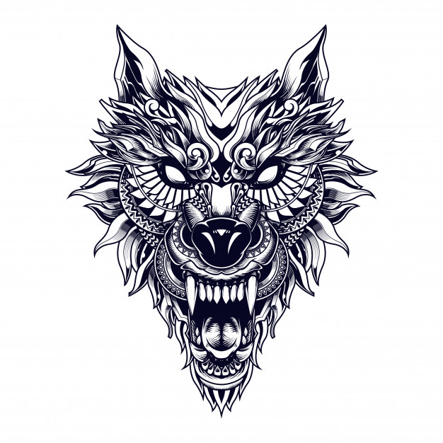 黑白线稿图腾风格部落风狼头插画