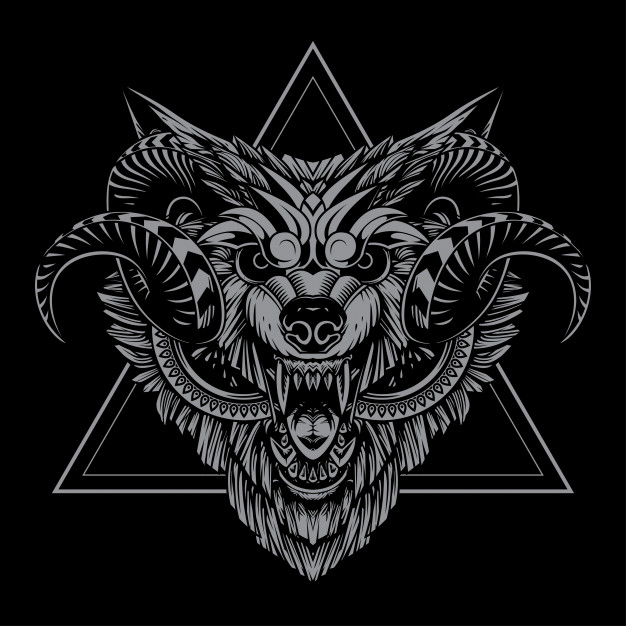 黑白线稿风格狼头插画