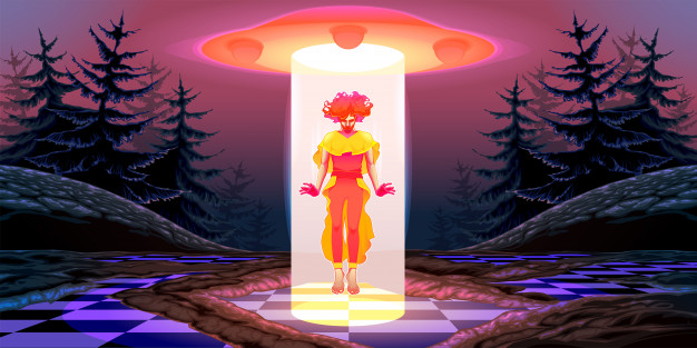 飞碟上降落的外星人角色插画