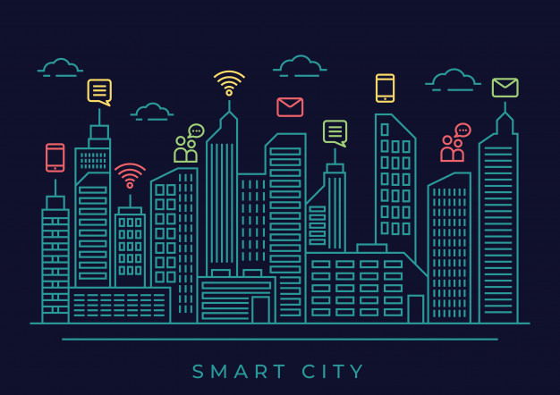 简约智慧5G城市建筑线条线稿插画