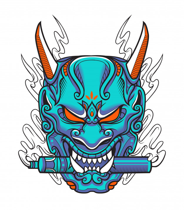 日本武士武将魔鬼头盔面具插画