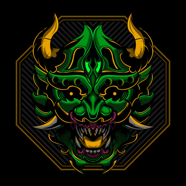 日本武士武将魔鬼头盔面具插画