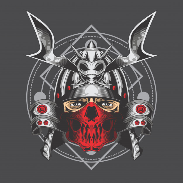 银色日本武士面具头盔插画