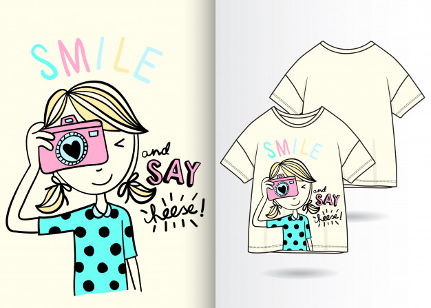 拍照的女孩手绘可爱T恤印花插画图案
