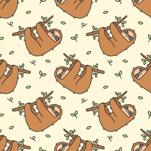 手绘可爱的树懒无缝模式平铺花纹卡通动物插画