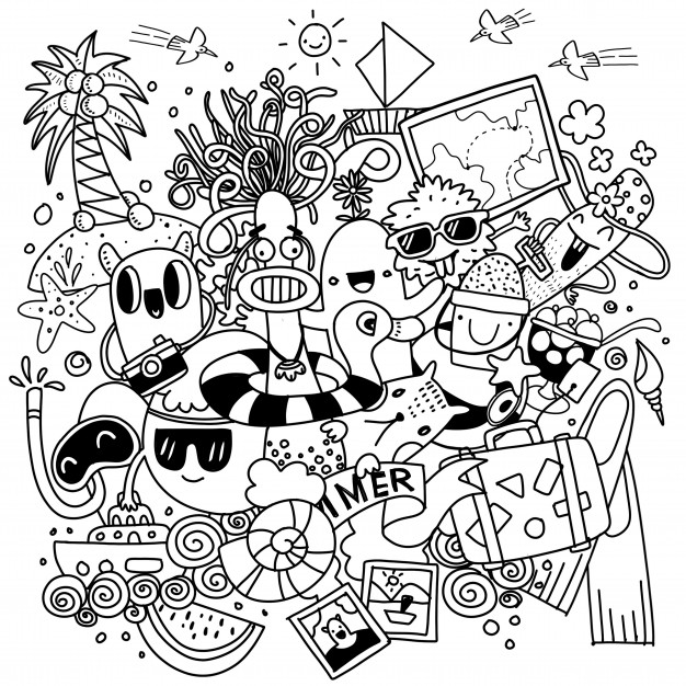 夏季元素小怪兽涂鸦手绘插画