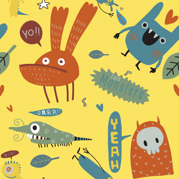 可爱小怪兽无缝平铺花纹插画