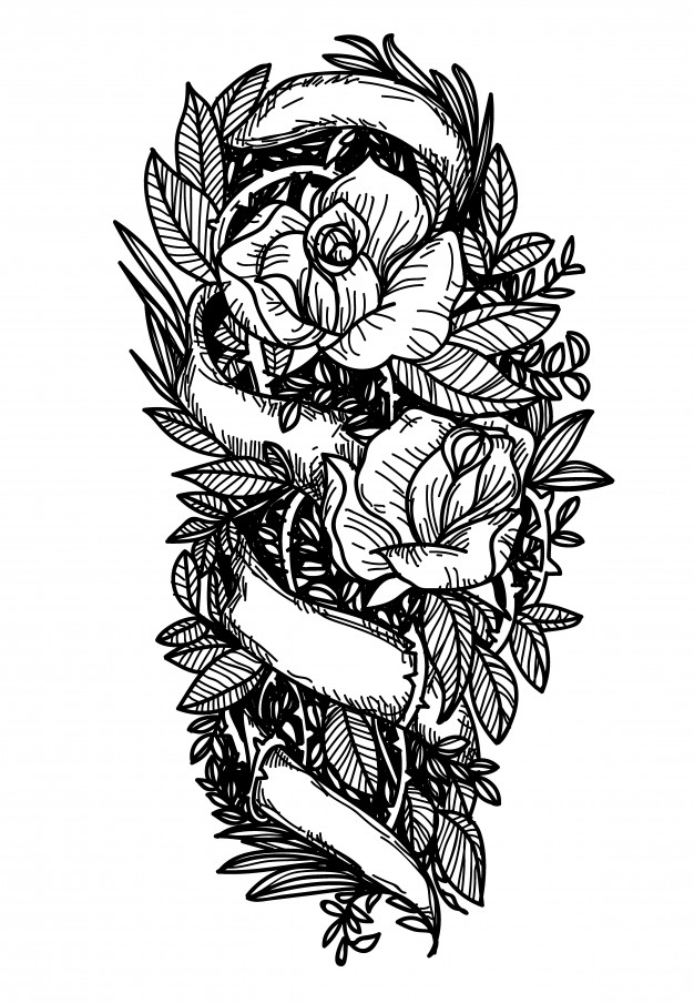玫瑰花束手绘纹身插画矢量图素材