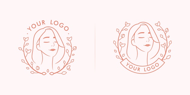 手绘女性头像与植物枝叶美容化妆品SPA养生标志logo