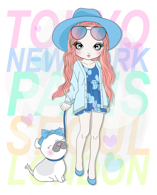 手绘可爱的小女孩与小狗插画