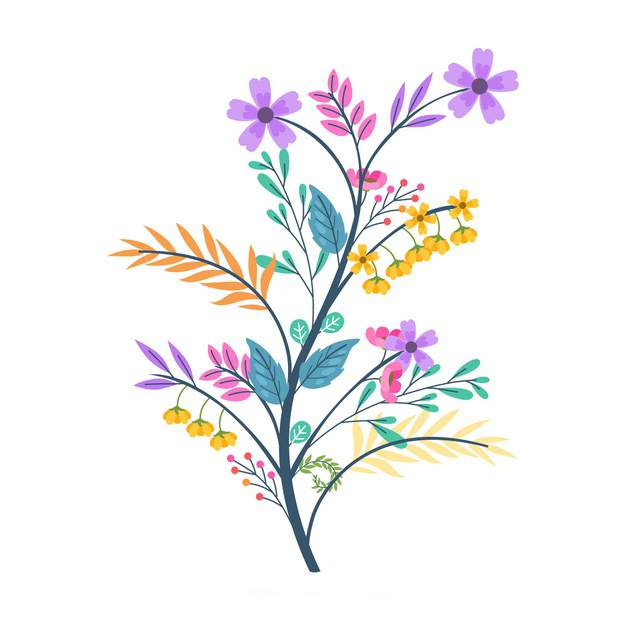 多彩花卉花朵枝叶树枝插画图案矢量图素材