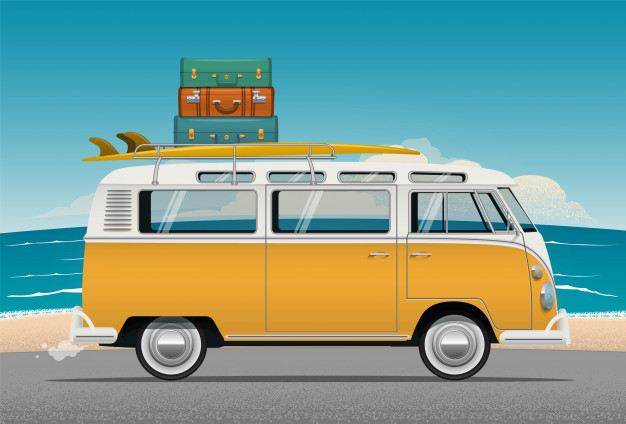 手绘卡通旅游巴士汽车插画