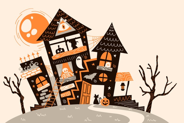 手绘万圣节卡通鬼屋插画