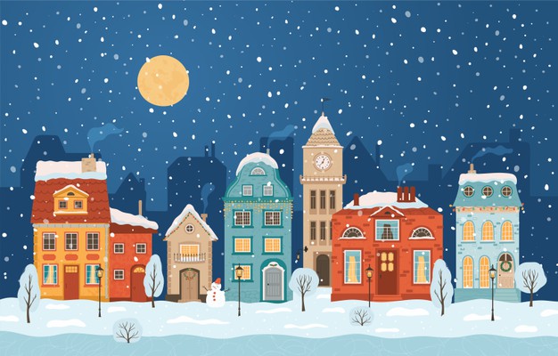 下雪的冬季城市夜景，雪景插画矢量图素材