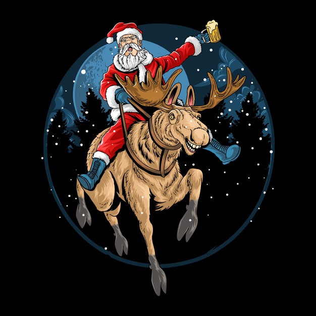 骑着驯鹿喝着啤酒的圣诞老人插画矢量图素材