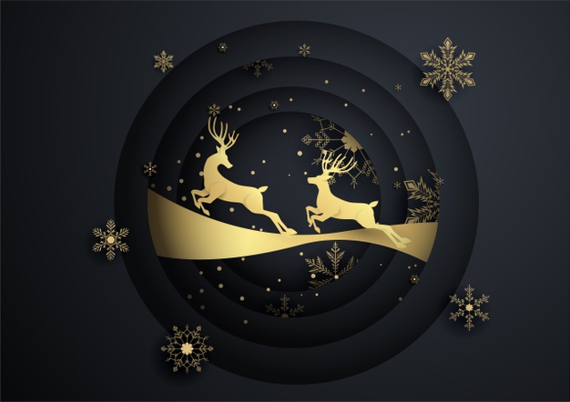 圣诞节金色驯鹿剪纸风格黑色背景矢量图素材