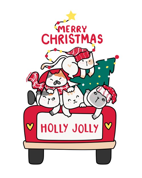 可爱的圣诞节猫咪和皮卡矢量图素材