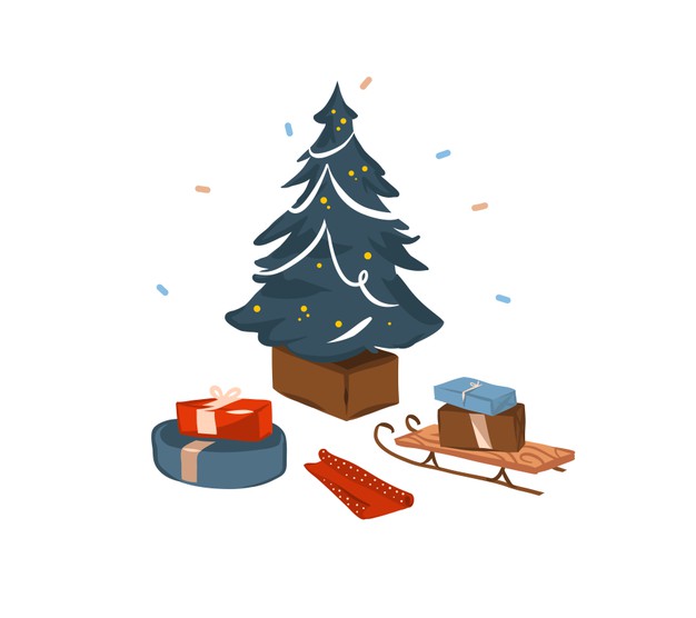 手绘卡通节日插画的圣诞节雪橇，并提出与圣诞树孤立的盒子礼物矢量图素材