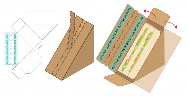 三明治食品包装盒刀版展开图模板矢量图素材