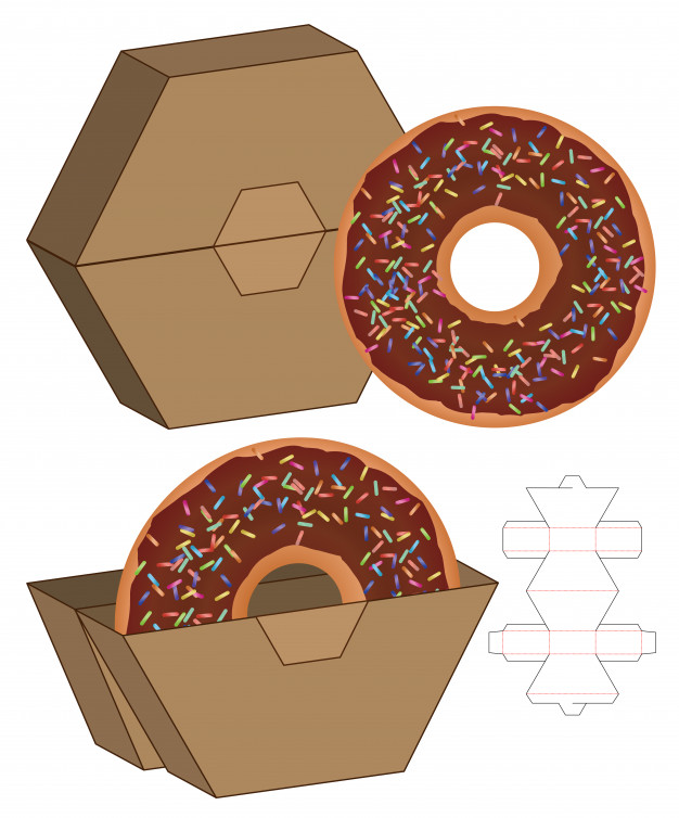 甜甜圈食品包装盒刀版展开图模板矢量图素材