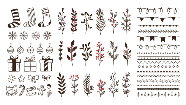 手绘圣诞节植物装饰元素矢量图素材